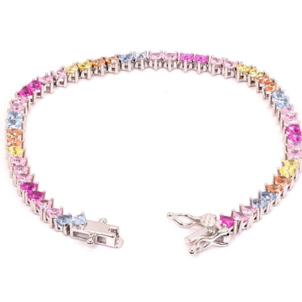 925 Sterling Silver Heart-Shaped Bracelet with 5A Cubic Zirconia Diamonds - Vibrant Rainbow Design